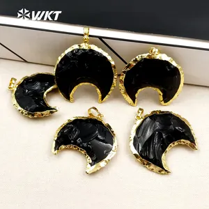 WT-1322 Natural Stone Obsidian with Gold Plated on Top Elegant Pendants for Women Crescent Moon Shape Unique Design Charming Gif