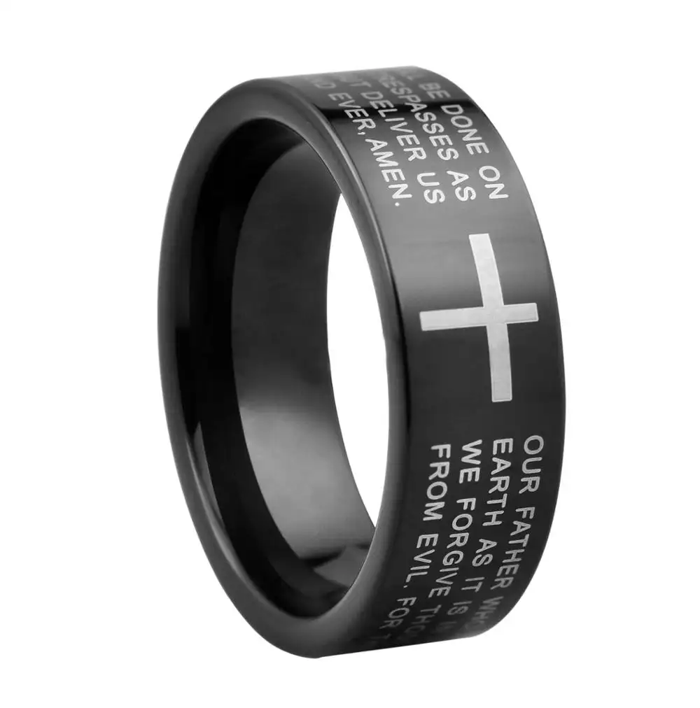 Laser Cross And Bible Ring Men's Lords Prayer Rings Black Tungsten Carbide Rings