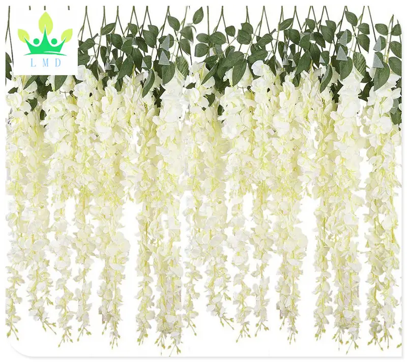 12 Piece Artificial Flower Wisteria Fake Vine Hanging Plant Silk String Ratta Home Party Wedding Party Decor Wholesale, white