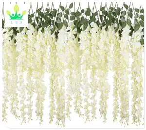 12件人造花紫藤假藤挂植物丝绸串拉塔家庭聚会婚礼聚会装饰批发，白色