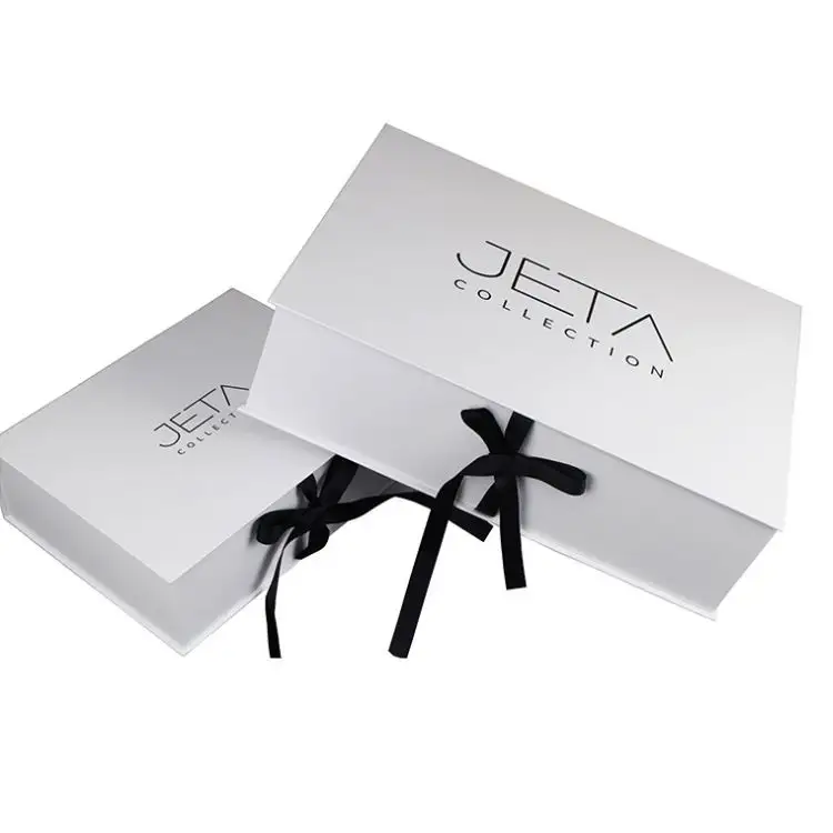 Caixa de papel dobrável para roupas, caixa de papel de roupa da aba do ímã branco de luxo personalizado com fita preta