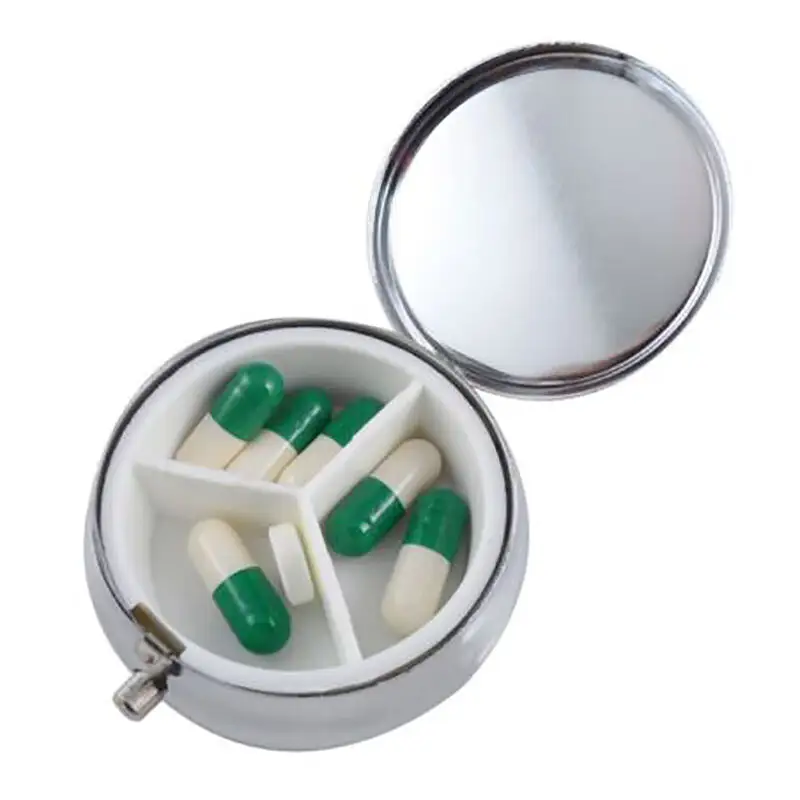 Серебристый Портативный круглый металлический контейнер для таблеток, три отделения для хранения, органайзер, сетчатый карман