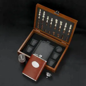 Flask Gift Set Wooden Chess Gift Box 8OZ Brown Leather Stainless Steel Hip Flask Set With Funnel And 4 Cups