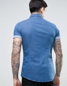 Nuova <span class=keywords><strong>Camicia</strong></span> in Denim Morbido KY per Uomo, Colletto Aperto, Abbottonatura Frontale, Manica Corta, Lavaggio Blu Medio, Vestibilità Aderente Elasticizzata - Product Image 4