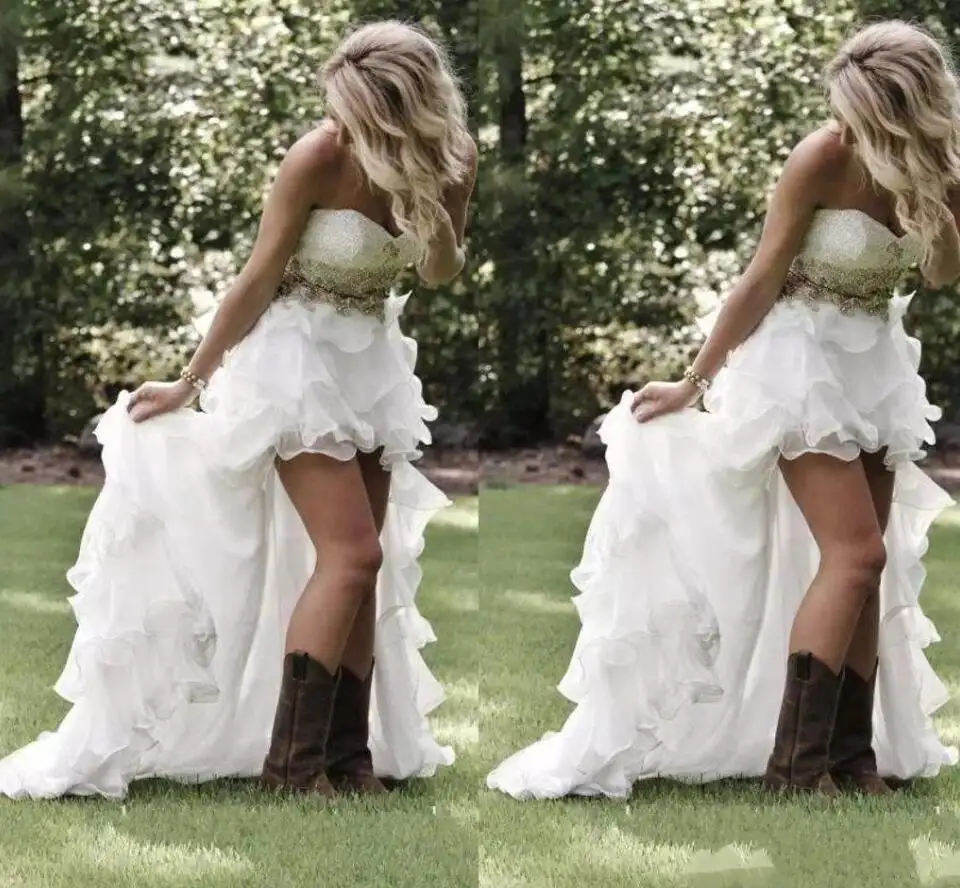 Verzierungen Sexy Short Front Long Back Russisches Hochzeits kleid für Mädchen