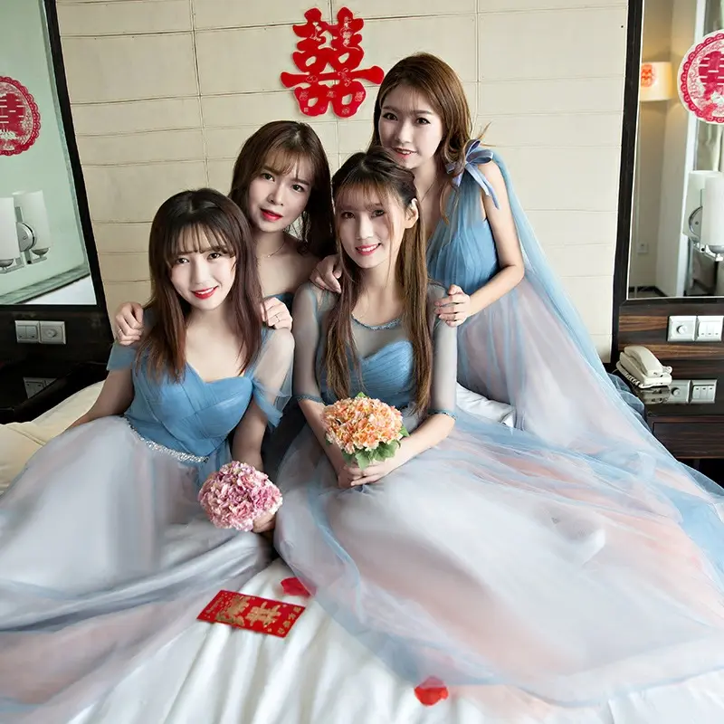ZH1143L 2018 Floor length Blue sisters wedding custom bridesmaid dress evening prom dress