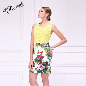 2018 nuevo estilo <span class=keywords><strong>amarillo</strong></span> gasa <span class=keywords><strong>vestido</strong></span> <span class=keywords><strong>de</strong></span> impresión floral patchwork primavera casual sundress sin mangas señoras vestidos - Product Image 4