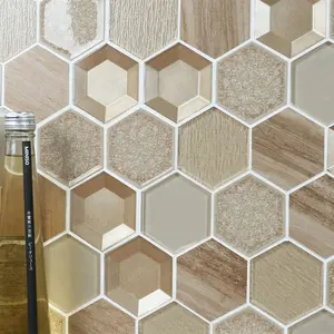 六角形米色裂纹木制 3d 效果玻璃马赛克瓷砖内墙瓷砖