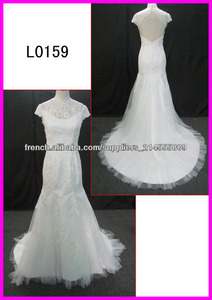 2014 cap vente chaude élégant de guangzhou manches de robes de mariée a-ligne de dentelle de Alençon avec L0159 colar backless/h - Product Image 1