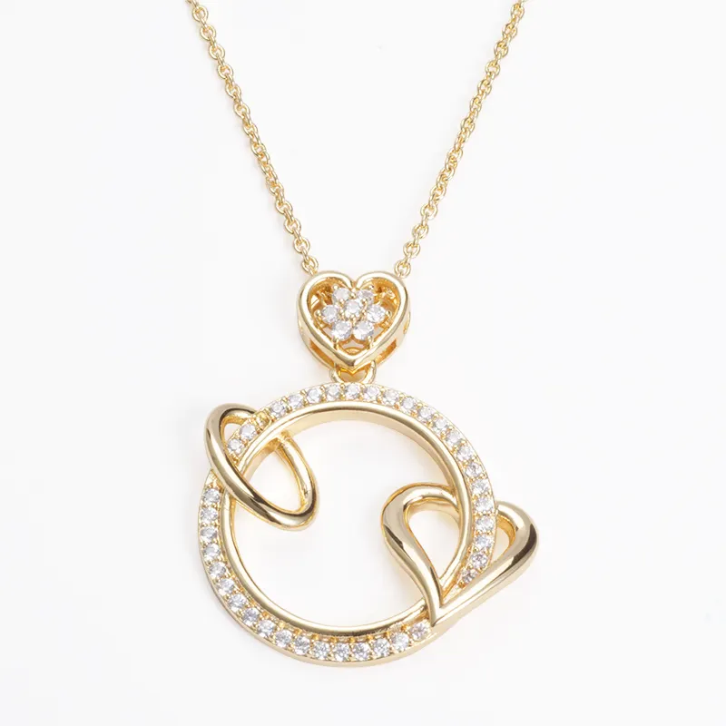 Round Saudi Heart Pendant 24K Gold CZ Diamond Pendant Necklace