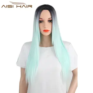 Aisi 头发 Cosplay 长直合成假发为黑人女性顶级品质奥伯尔绿色假发耐热纤维
