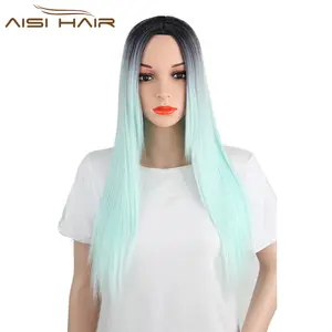 Aisi Wig Cosplay Lurus Panjang, Wig Sintetis untuk Wanita Warna Hitam, Wig Warna Hijau Ombre, Serat Tahan Panas