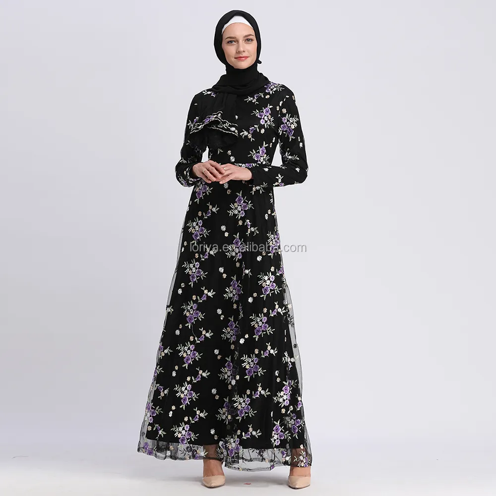 Nueva moda de Oriente Medio de manga larga, bordado de flores púrpuras, malla Melayu Malaysia, moda de 2017