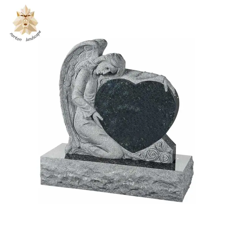 Sad melek sarılma kalp şekli mezar taşı, oyma çiçek granit mezar taşı NTGT-046