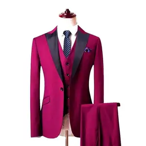 Tuxedos noivo masculino com botão, macacão de noivado rosa com lapela preta, roupas de casamento para homens (jaqueta + calça + colete)