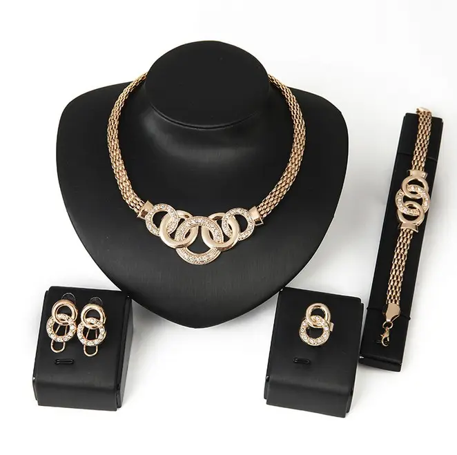 2019 חם למכור נשים גדול זהב מצופה תכשיטי שרשרת עגיל צמיד טבעת 18K אפריקאי זהב ציפוי תכשיטי סט