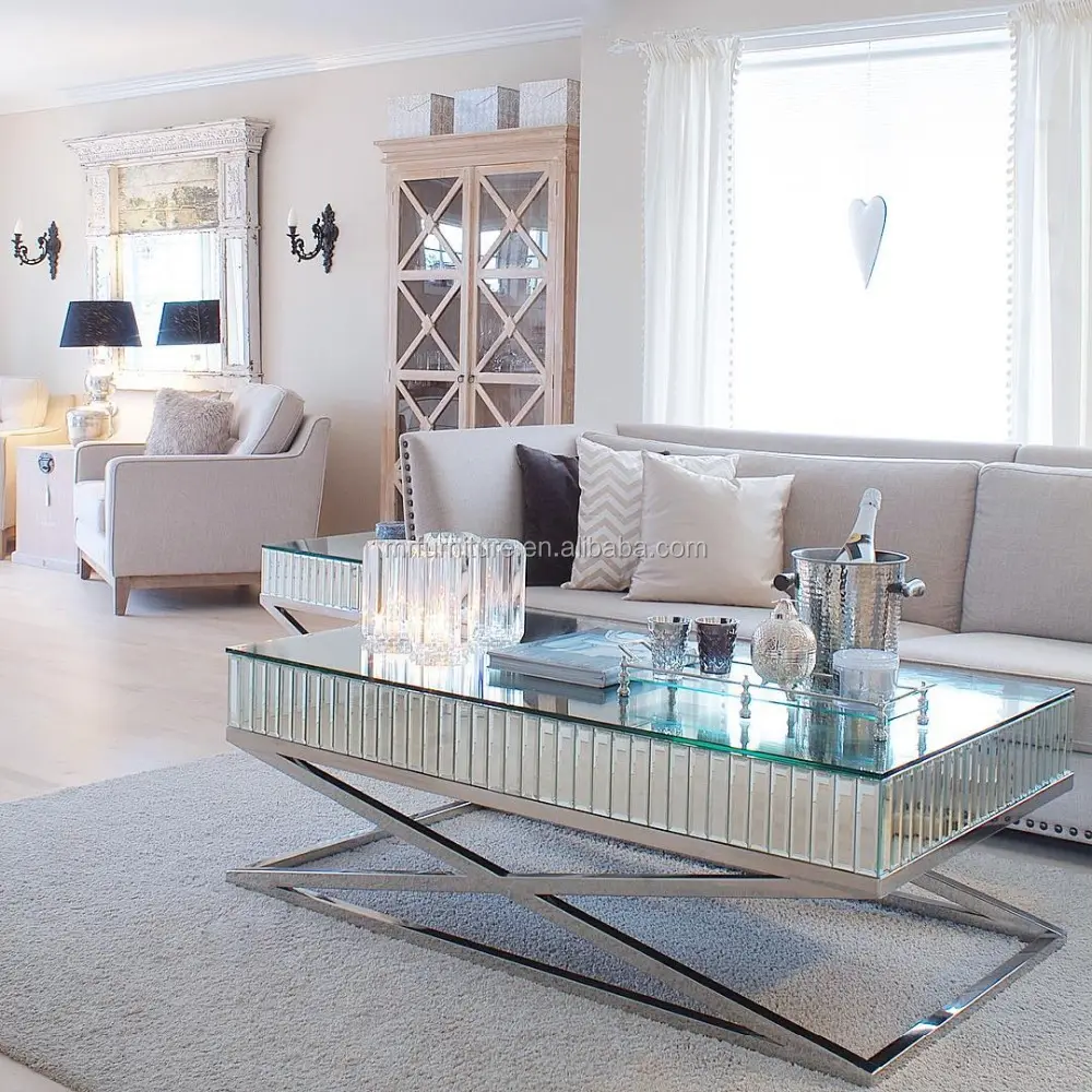 Base de aço inoxidável espelhada com base em cruz, mesa de café para sala de estar e móveis