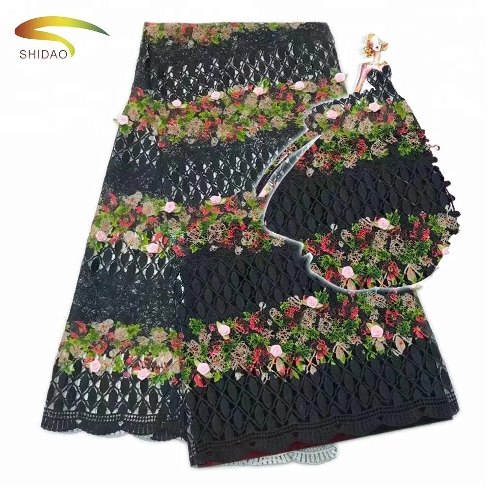 China Suppliers Black Floral Print Embroidery Lace Fabric For African French Dress Clothing