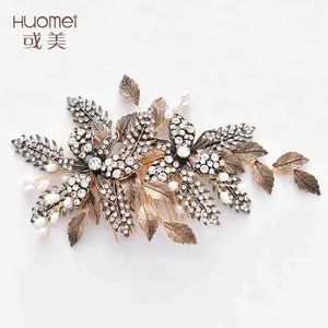 Cheap Vintage Handmade Gold Leaf Hair Accessories Decorative Pearl Crystal Hair Combs