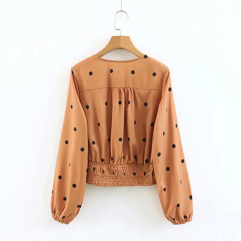 Good quality O neck long sleeve dot printed bottom band design fashion lady shirt short blouse