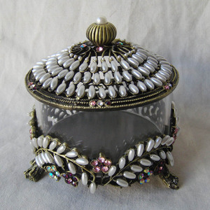 Vintage Brass Pearls Jeweled Metal Glass Trinket Box