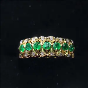다이아몬드 18k 옐로우 골드 0.35ct 천연 녹색 에메랄드 밴드 반지 여성을위한 사용자 정의 럭셔리 보석 보석