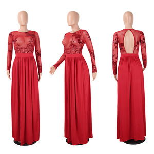 African Fashion women illusion <span class=keywords><strong>maniche</strong></span> <span class=keywords><strong>lunghe</strong></span> hollow back party sexy high split paillettes cheap split maxi night club dress A314 - Product Image 3