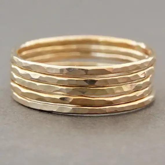 14K gold plated thin band 925 sterling silver circle ring thin stackable dainty hammered ring