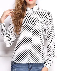 EY1104B groothandel kleding chiffon blouse vrouw poeder blauw dot print lange mouwen chiffon blouse