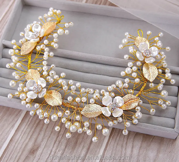 Baroque Hair Jewelry Wedding Party Gold Leaves Crystal Pearl Headbands Flower Head Piece Bride Vintage Hair Jewelry Accessories