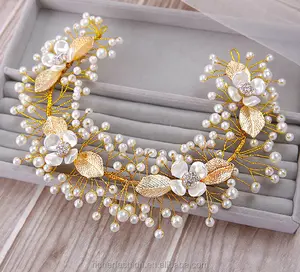 Baroque Hair Jewelry Wedding Party Gold Leaves Crystal Pearl Headbands Flower Head Piece Bride Vintage Hair Jewelry Accessories