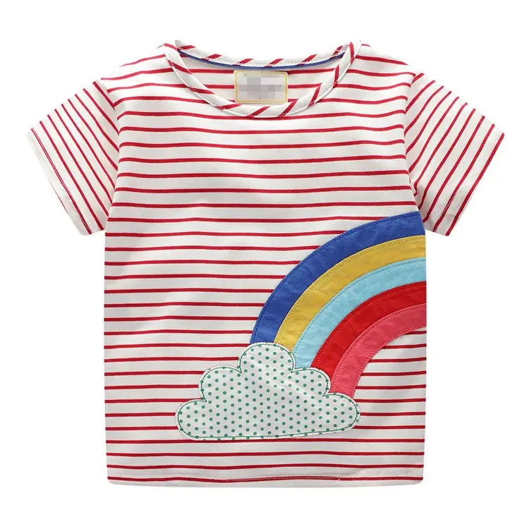 गर्म बिक्री लाल और सफेद धारीदार बेबी टी शर्ट इंद्रधनुष मुद्रित बच्चे गर्मी के कपड़े कपास बच्चों के कपड़े लड़की लघु आस्तीन में सबसे ऊपर