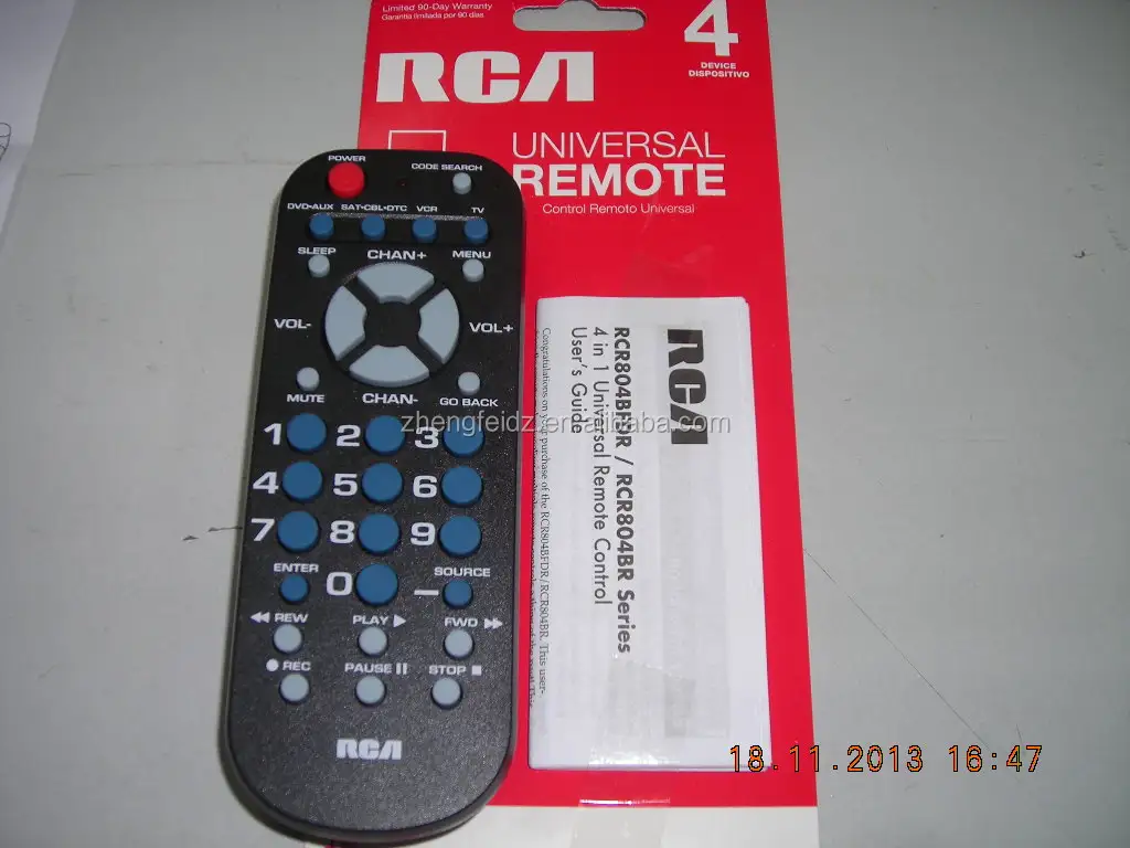 4 en 1 control remoto universal RCA RCR804BFDR/RCR804BR serie de TV/VCR/SAT CBI DTC/DVD AUX