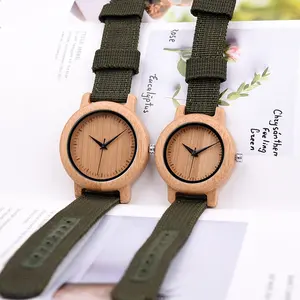 Montres en bois de bambou pour couples, avec affichage à aiguilles et bracelet en tissu, fabriquées à la main, cadeaux OEM pour hommes et femmes, emballage en boîte - Product Image 2