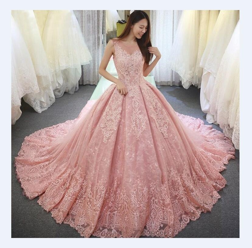 open lace back dress Princess Pink Wedding Dress with Tulle Tiered Skirt – loveangeldress main image 0