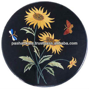 Black <b>Round</b> Marble Inlay Coffee <b>Table</b> <b>Tops</b> - Product Image 1