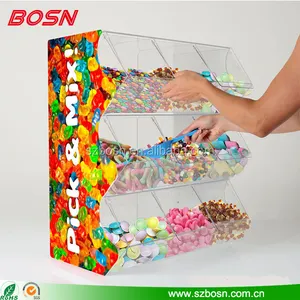 Gran capa de 3 claro de acrílico plástico de alimentos a granel y contenedores de pantalla lucite Perspex apilable dulces cubos con divisores