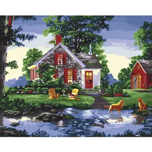 Omlijst land huis mooie landschappen stone art canvas schilderij van nummers. Wall art canvas landen landschap diy olieverf