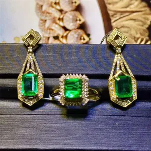 Set Batu Permata 18K Anting/Cincin Mewah Zamrud Berlian Asli Afrika Selatan Emas Set Perhiasan untuk Wanita
