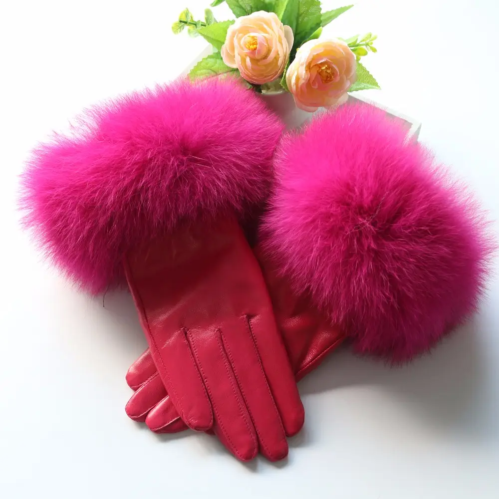 Leather Gloves sheepskin fox fur gloves ladies winter gloves