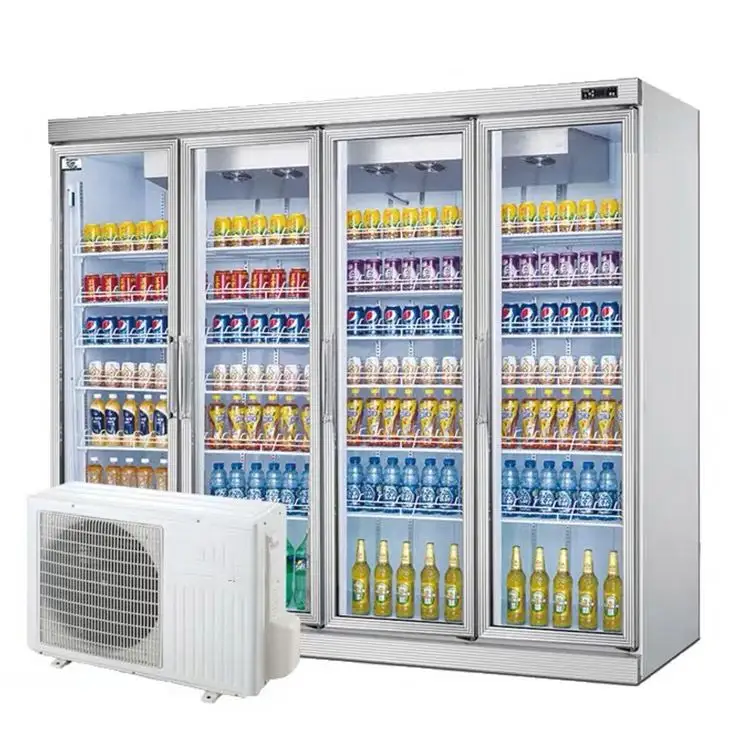 Equipo de refrigeración de iluminación led estándar, refrigerador de cuatro puertas de vidrio para bebidas