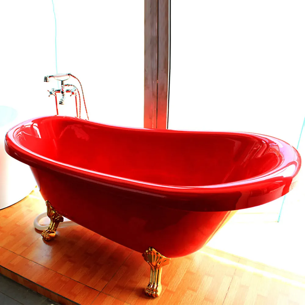 Moderne Klassieke 1700Mm Rode Acryl Vrijstaande Badkuip Ovale Vier Voet Clawfoot Bad Voor Het Weken Voor Hotelgebruik Met Afdruiprek