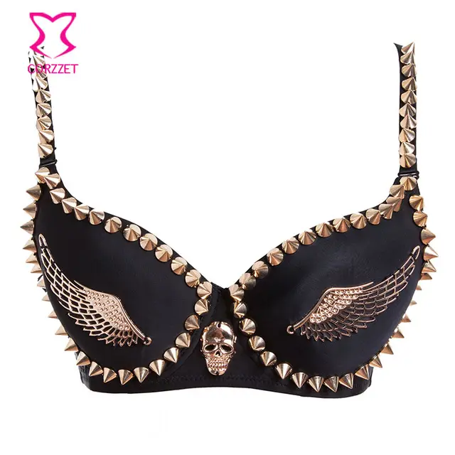 Corzzet Exotic Lingerie Black Gold Studded Rivet & Wings Underwear Bra Adult Women Clubwear