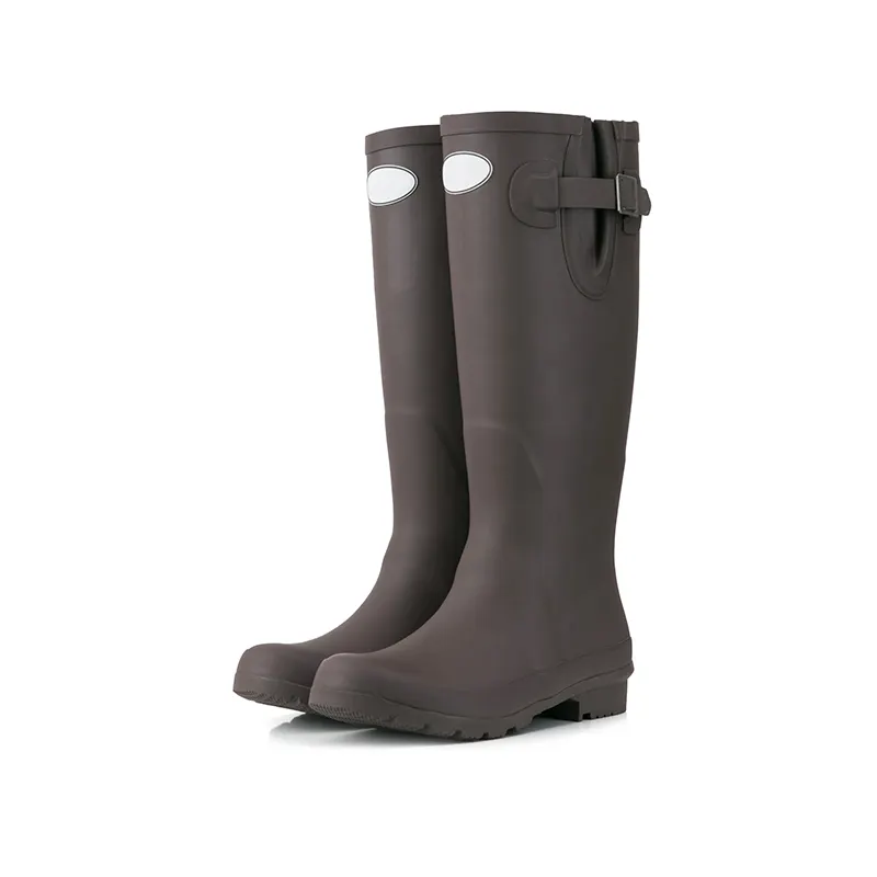 พื้นหลังสีน้ำตาลรูปแบบร้อนขายราคาถูกเข่าผู้หญิงยาง Rain Boots สำหรับขายส่งผู้หญิงกันน้ำฝนรองเท้า