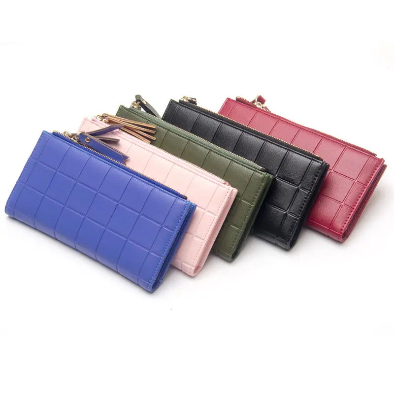 Grid PU leather wallet ladies multiple color zippered ladies leather wallet zip ladies clutch wallet