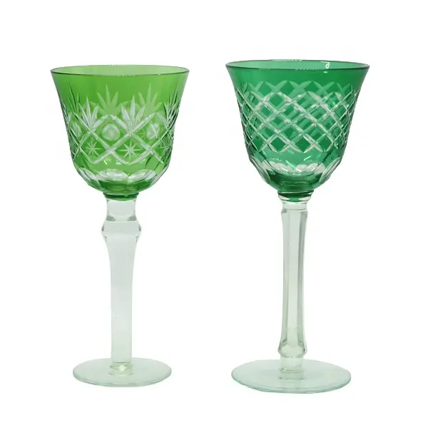 OT selling Japanese-Copa de vino verde de cristal con patrón tallado a mano