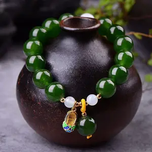 Hetian-pulsera de Jade calcedonia para mujer, brazalete con abalorio de ónix Cloisonne