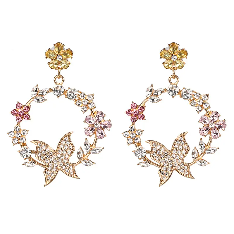 Anting Berlian Imitasi Wanita, Perhiasan Halus Kualitas Tinggi Indah Bunga Minyak Kupu-kupu Garland Berlian Imitasi