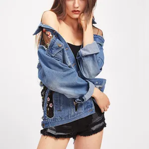 OEM customer hot selling Fashion Women Outerwear Clothes Embroidered Mesh Insert Denim Jacket Woman