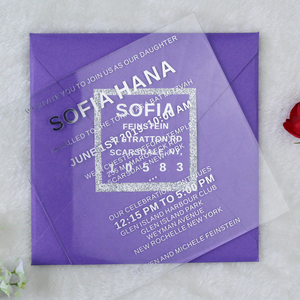 Luxe Carré Créatif Acrylique Enfants Invitations D'anniversaire avec des Paillettes D'argent Doublure Enveloppe en Couleur Pourpre - Product Image 2
